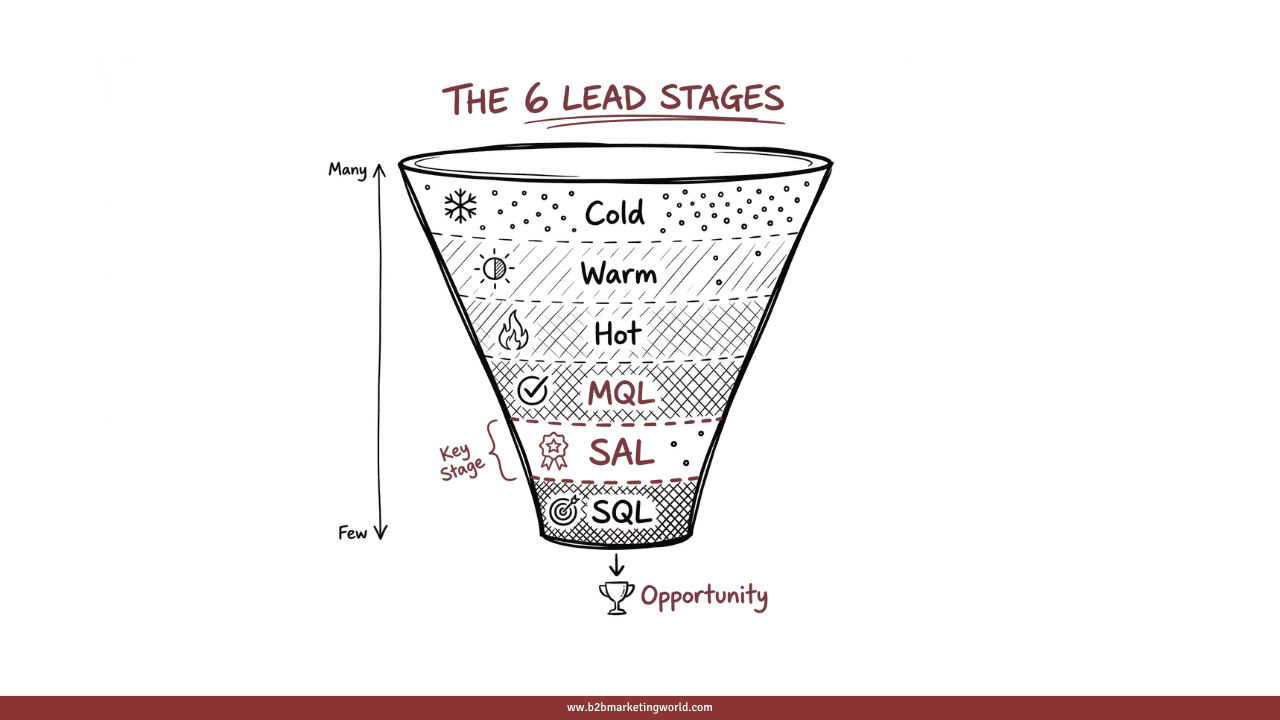 Funnel diagram displaying all 6 B2B lead stages from cold lead to opportunity, including conversion rate benchmarks at each transition: Lead to MQL (20–40%), MQL to SQL (10–30%), and SQL to Customer (20–30%).