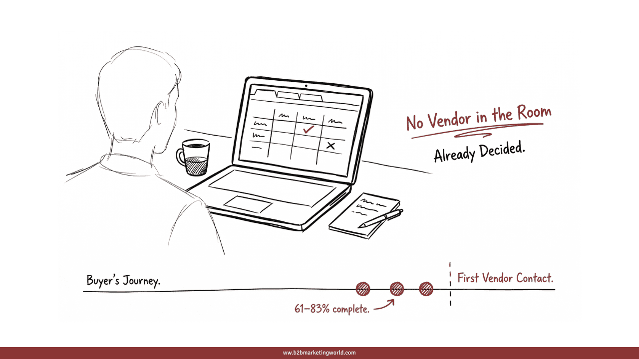 Person researching vendors alone at a desk with laptop showing comparison data, notepad with handwritten notes, and no salesperson present, illustrating how B2B buyers complete most of their journey before contacting a seller