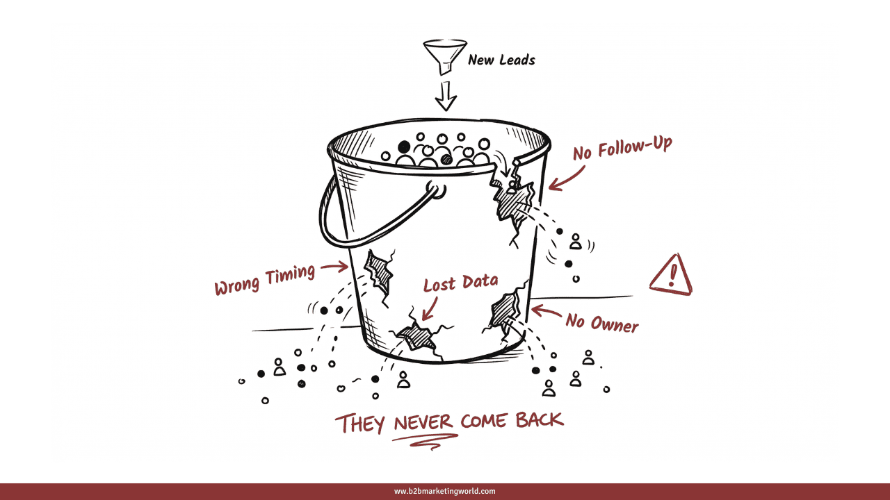 Illustration showing B2B leads falling through gaps in a leaking funnel, representing the 48% of marketing-generated leads that never receive a follow-up from sales teams.