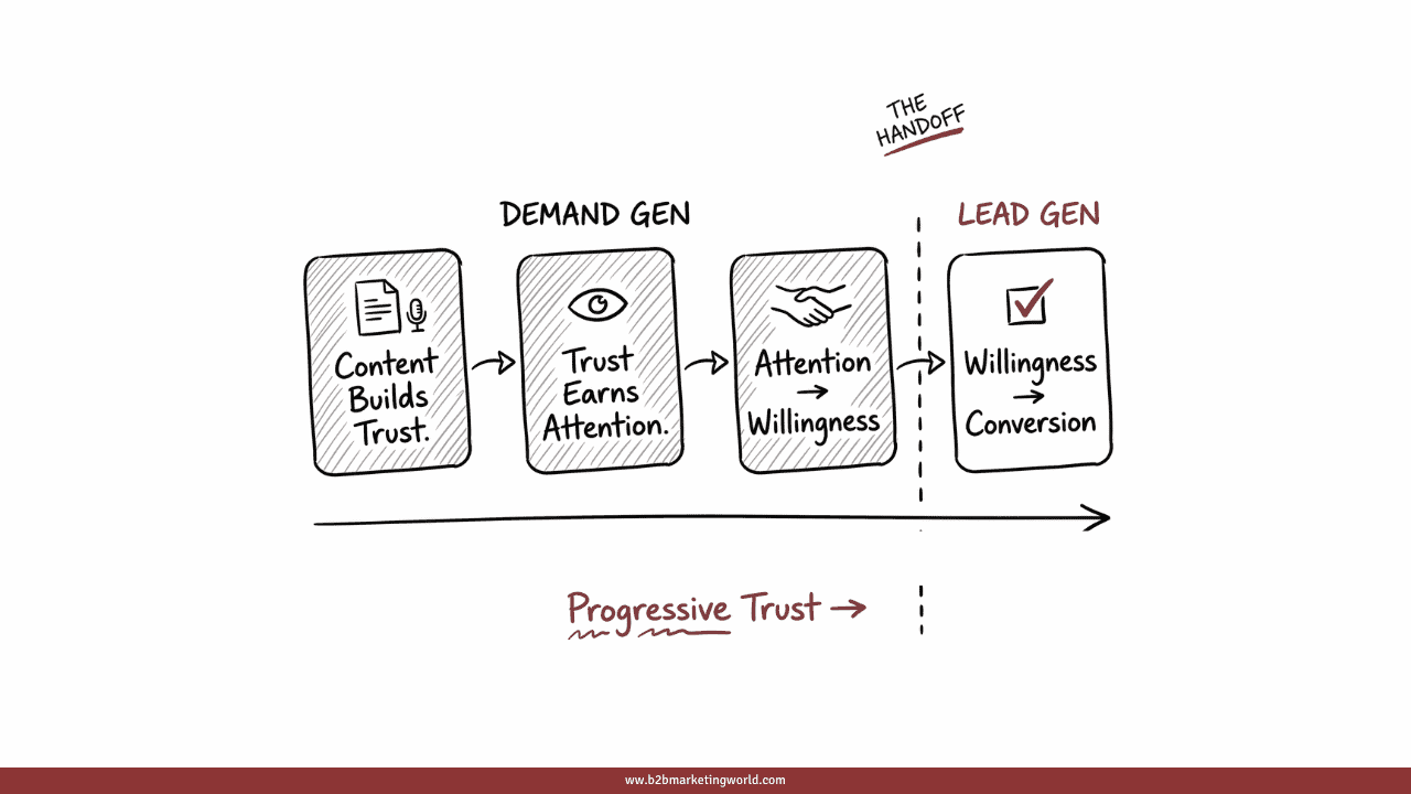 Flow diagram showing the 4-step demand-to-lead pipeline: ungated content builds trust, trust earns attention, attention creates willingness, willingness enables conversion, with a progressive trust arrow running underneath and the demand generation to lead generation handoff marked between steps 3 and 4