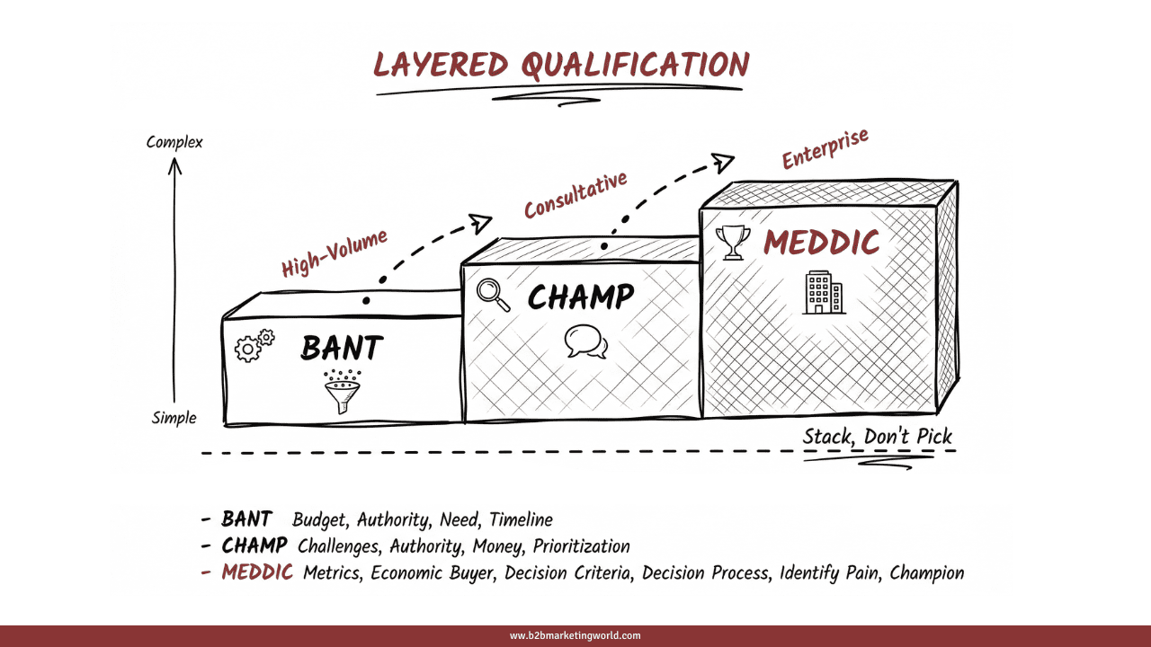 Staircase diagram showing the layered B2B lead qualification approach: BANT for initial screening in high-volume sales, CHAMP for consultative discovery, and MEDDIC for complex enterprise deal qualification.